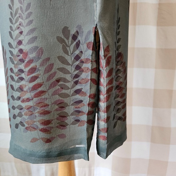 Vtg 90s Y2K Alfani Silk Sheath Skirt Olive Green Fern Leaf Print Side Slit Sz 10 - Picture 2 of 7